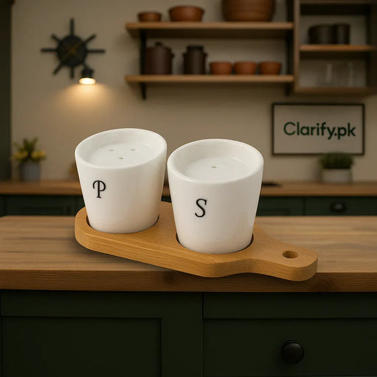 Ceramic Salt & Pepper Set – Bamboo Tray - Clarify.pk