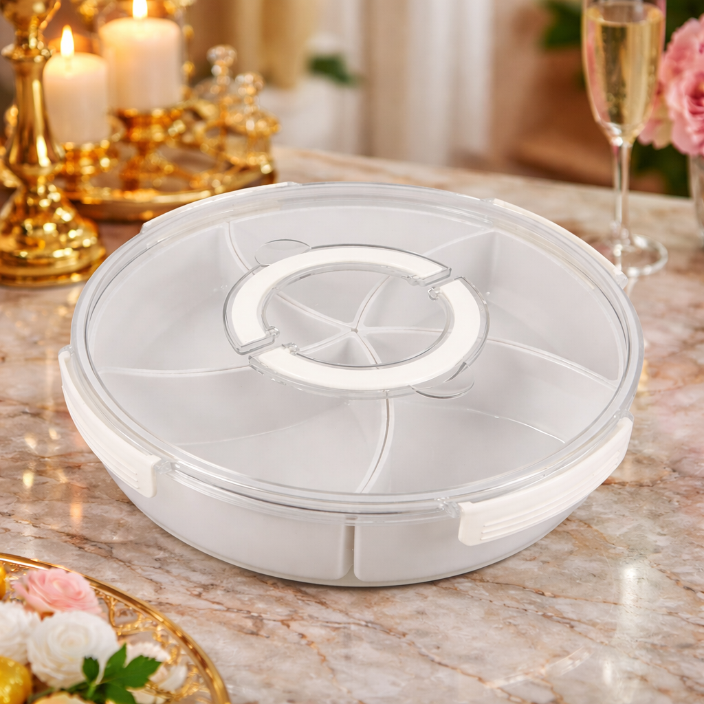 360° Rotatable Clear Snack Tray – Multi-Grid Storage Organizer