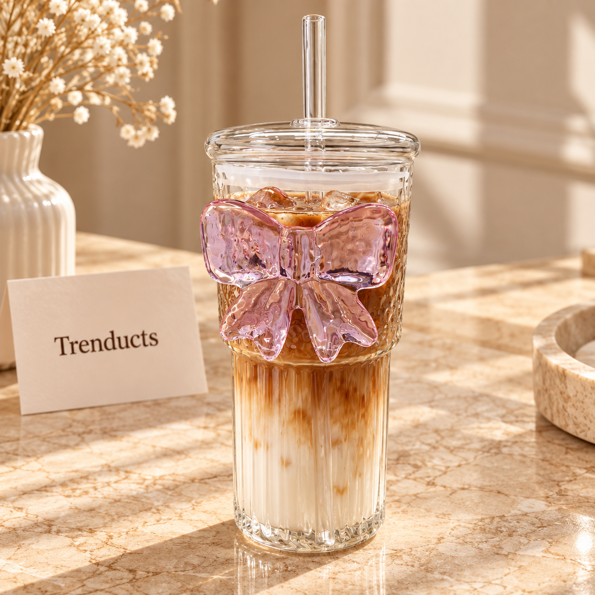 Ribbed Bow Glass Tumbler with Dome Lid & Glass Straw – Aesthetic Coquette Drinkware