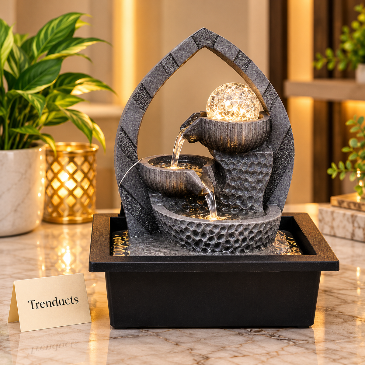 Gothic Arch Tabletop Fountain with LED Crystal Ball & 3-Tier Cascade – Indoor Water Feature