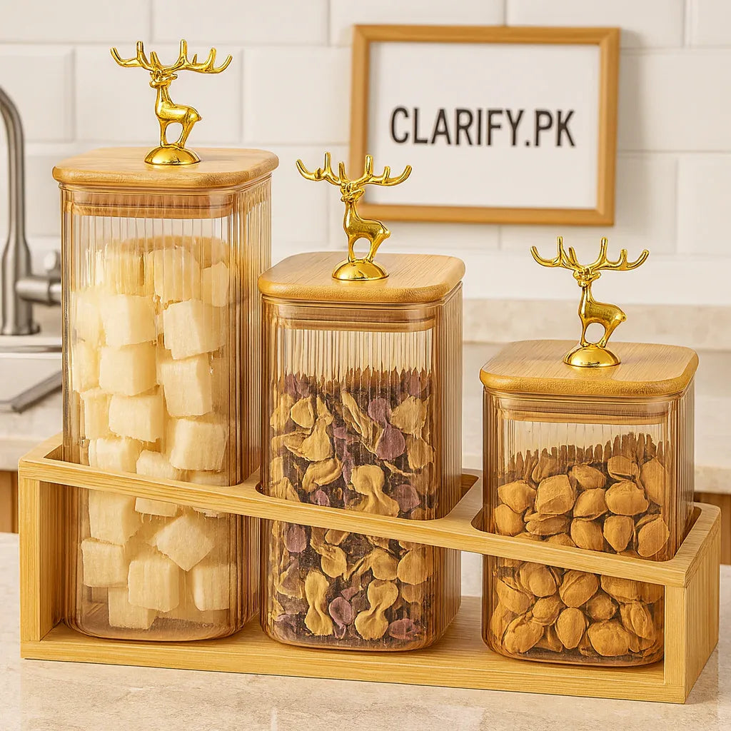 3-Piece Glass Jar Set with Wooden Stand – Elegant Kitchen Storage - Clarify.pk