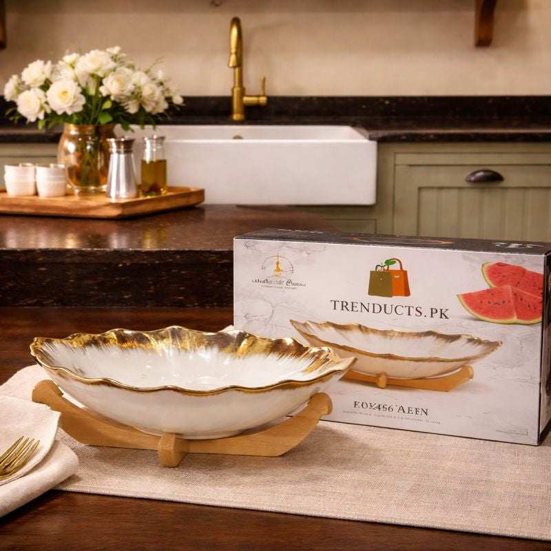 Luxury Gold-Rimmed Scalloped Ceramic Fruit Bowl with Decorative Wooden Stand - Trenducts.pk