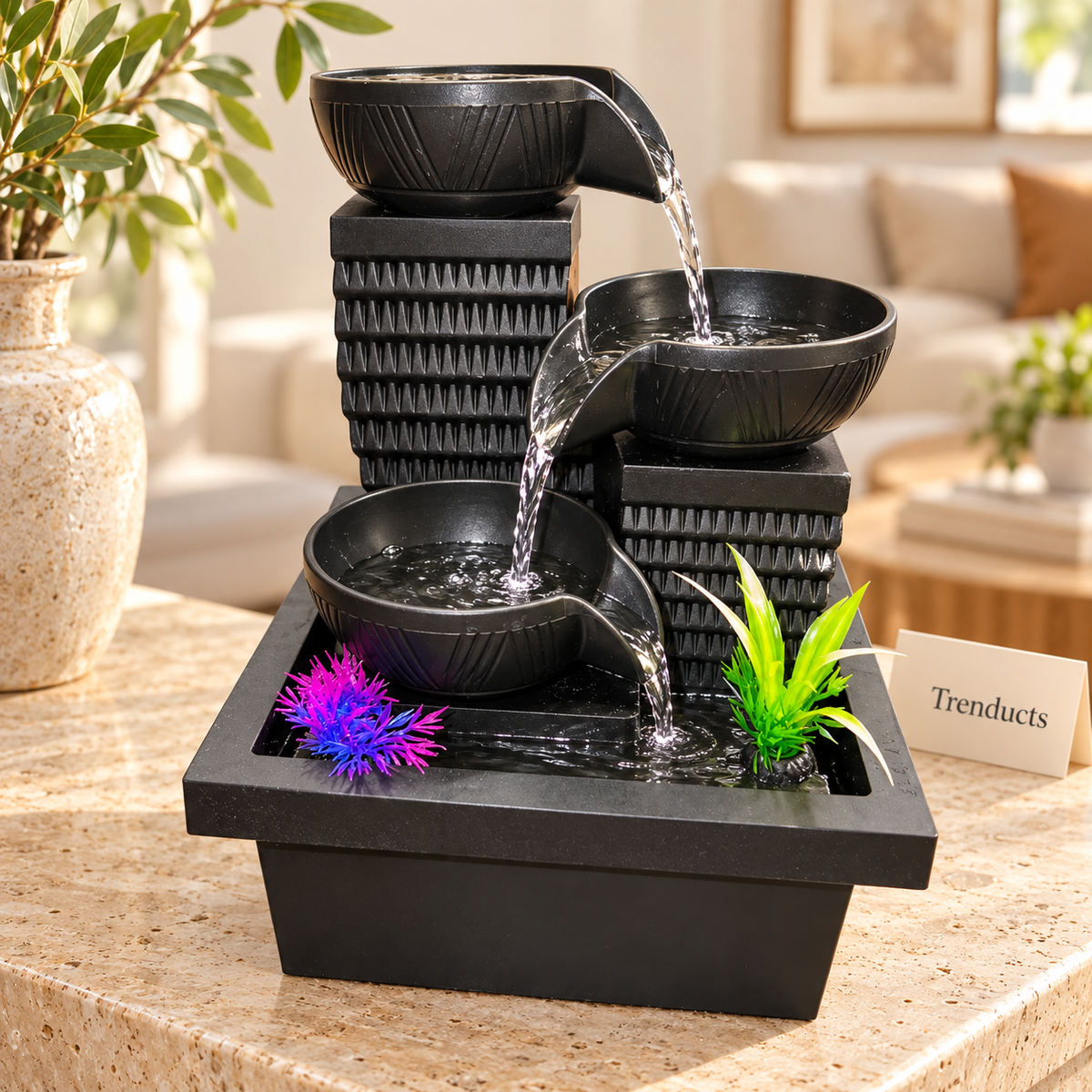3-Tier Bowl Waterfall Tabletop Fountain with LED & Plants – Zen Home Decor