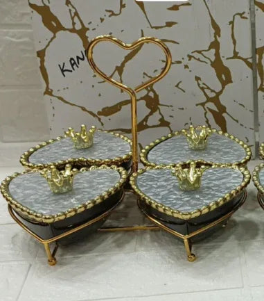 Luxury 4 Pcs Ceramic Bowl Set – Golden Stand & Crown Lids