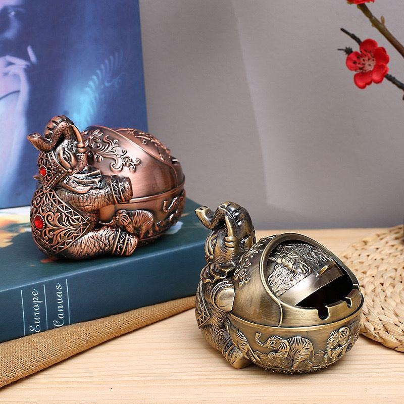 Antique Metal Elephant Seated Ashtray - Windproof Luxury Desktop Ornament