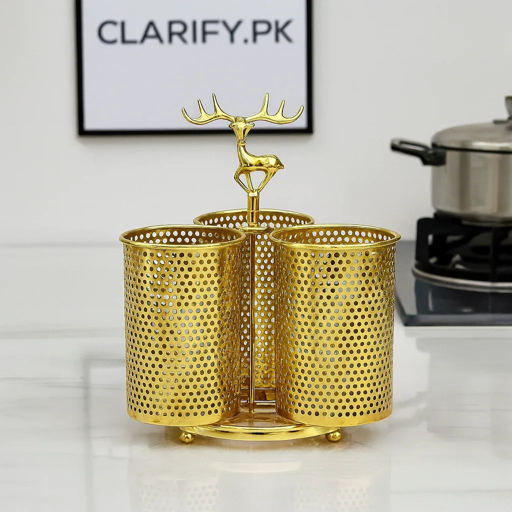 Golden Stainless Steel Cutlery Holder – 3-Section Organizer with Deer Handle - Clarify.pk