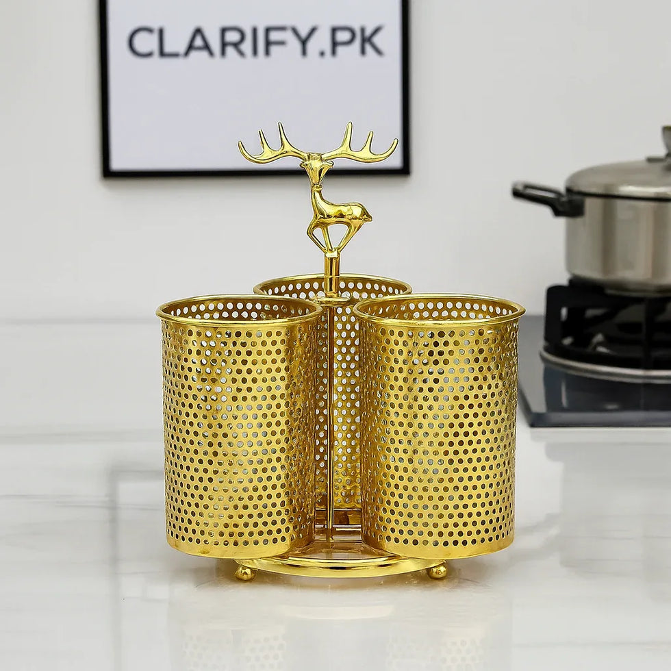 Golden Stainless Steel Cutlery Holder – 3-Section Organizer with Deer Handle