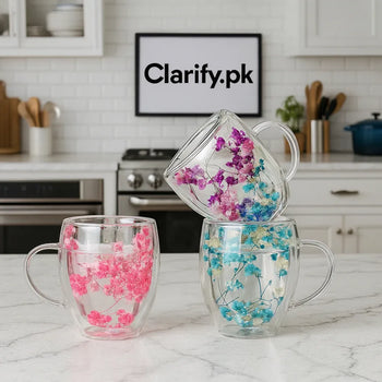 Double Wall Flower Mug 350ml – Insulated Glass Coffee Cup (Random) - Clarify.pk