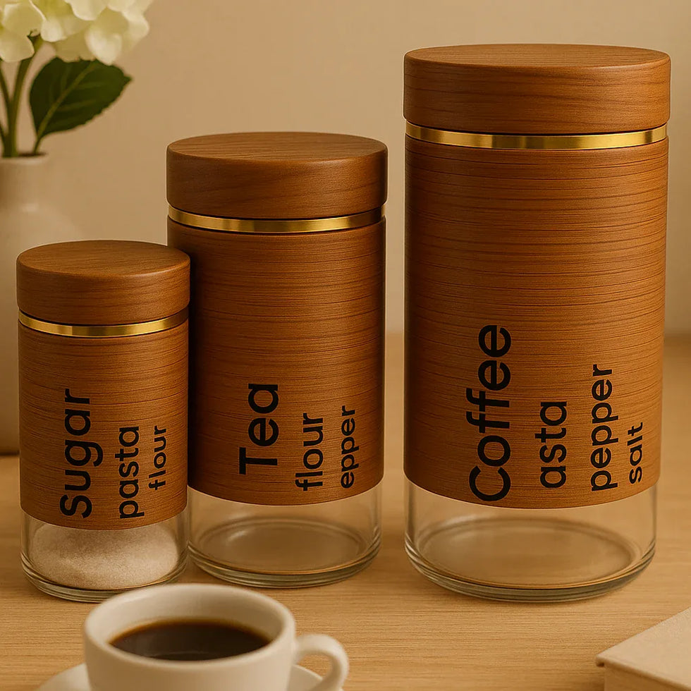3-Piece Glass Storage Jar Set – Wooden Lid Coffee, Tea & Sugar Containers - Clarify.pk