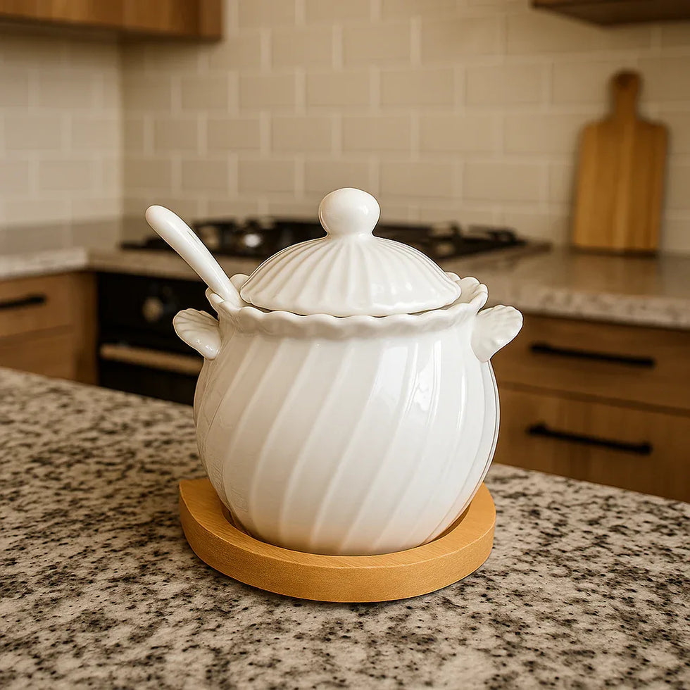 Ceramic Sugar Pot with Spoon & Wooden Base – Spice Jar - Clarify.pk