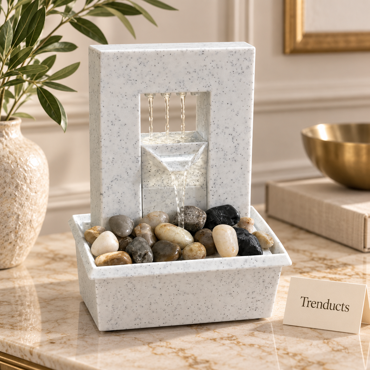 Modern Arch Wall Tabletop Fountain with LED Light & River Pebbles – Indoor Water Feature