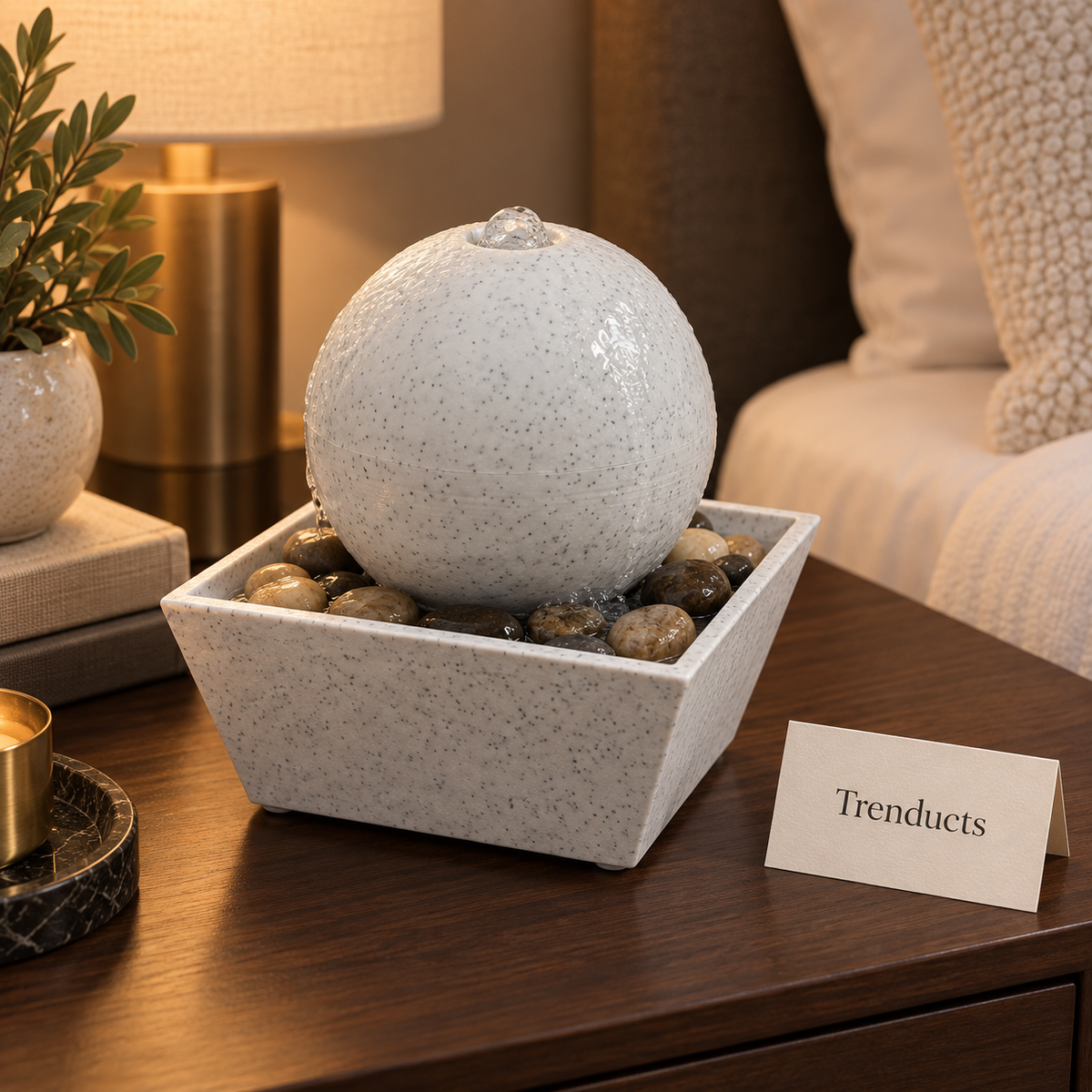 White Granite Sphere Orb Tabletop Fountain with River Pebbles – Indoor Water Feature