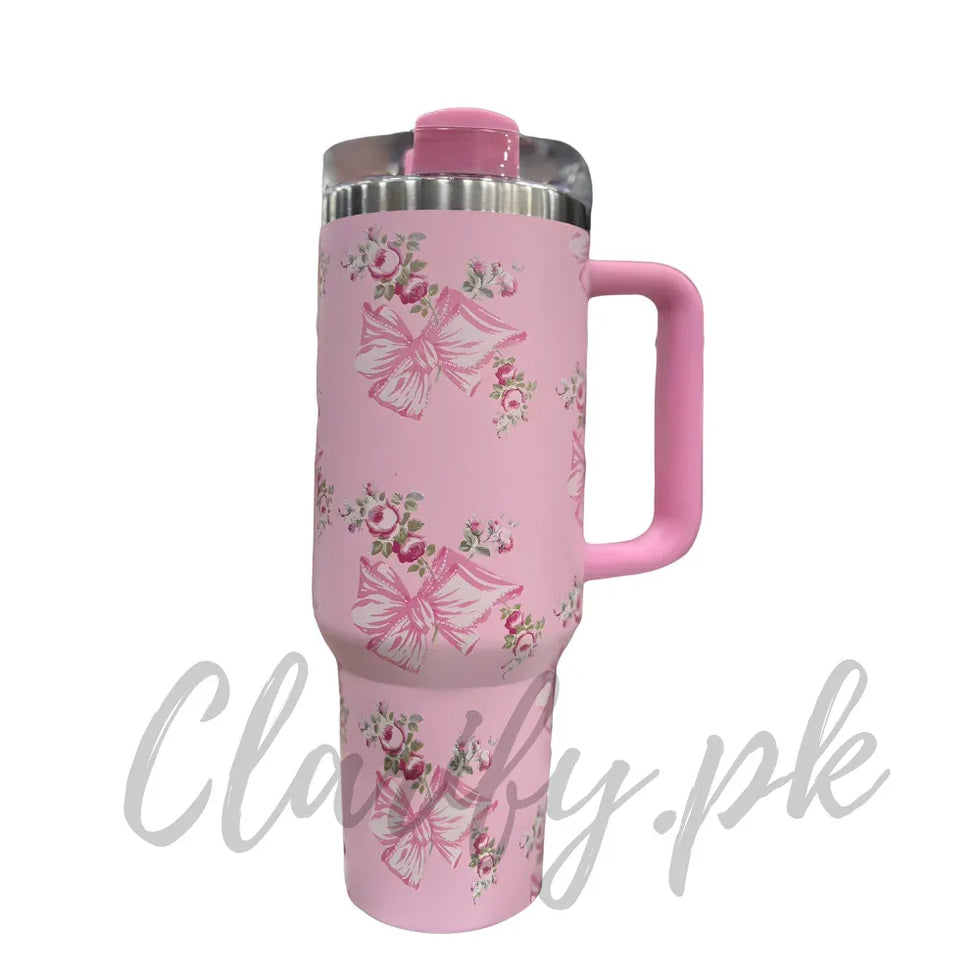 Premium Pink Bow & Roses 40oz Tumbler With Handle – 1200ml - Clarify.pk