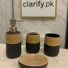 4Pcs Luxury Brown & Black Wooden Look Bath Set – Premium Bathroom Décor - Clarify.pk