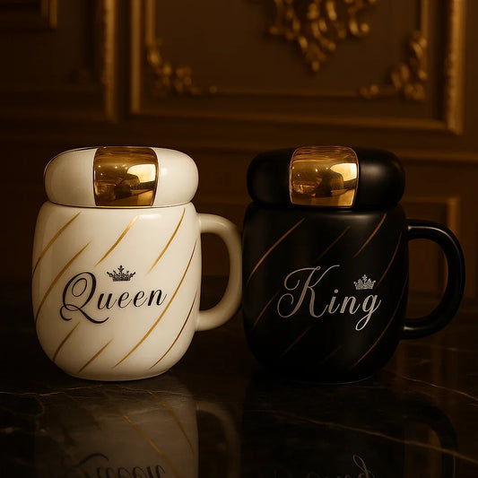 King & Queen Ceramic Mug Set – Couple Cups with Lids - Clarify.pk