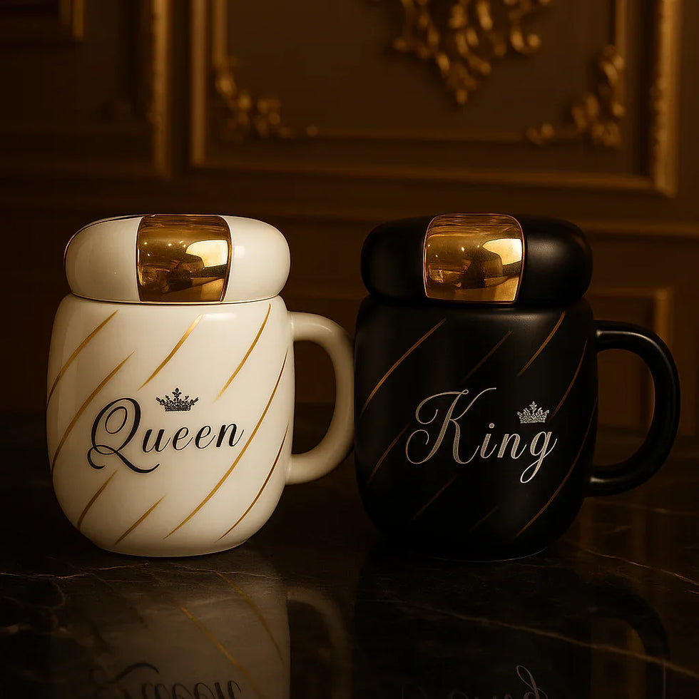 King & Queen Ceramic Mug Set – Couple Cups with Lids - Clarify.pk