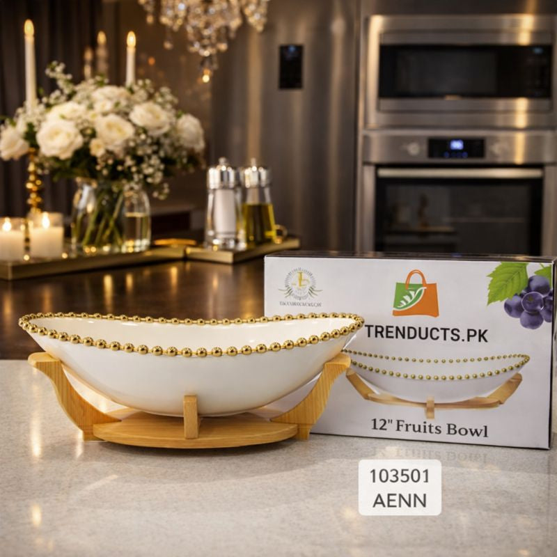 Large Oval Ceramic Centerpiece Bowl – Gold Trim with Elegant Wood Holder - Trenducts.pk