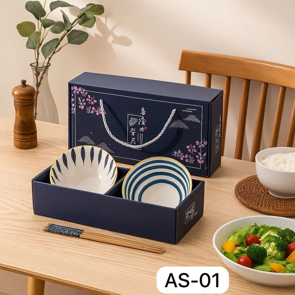 جاپانی سیرامک ​​باؤل سیٹ 2 کا چوپ اسٹکس کے ساتھ - اورینٹل بلیو بلاسم پرنٹ