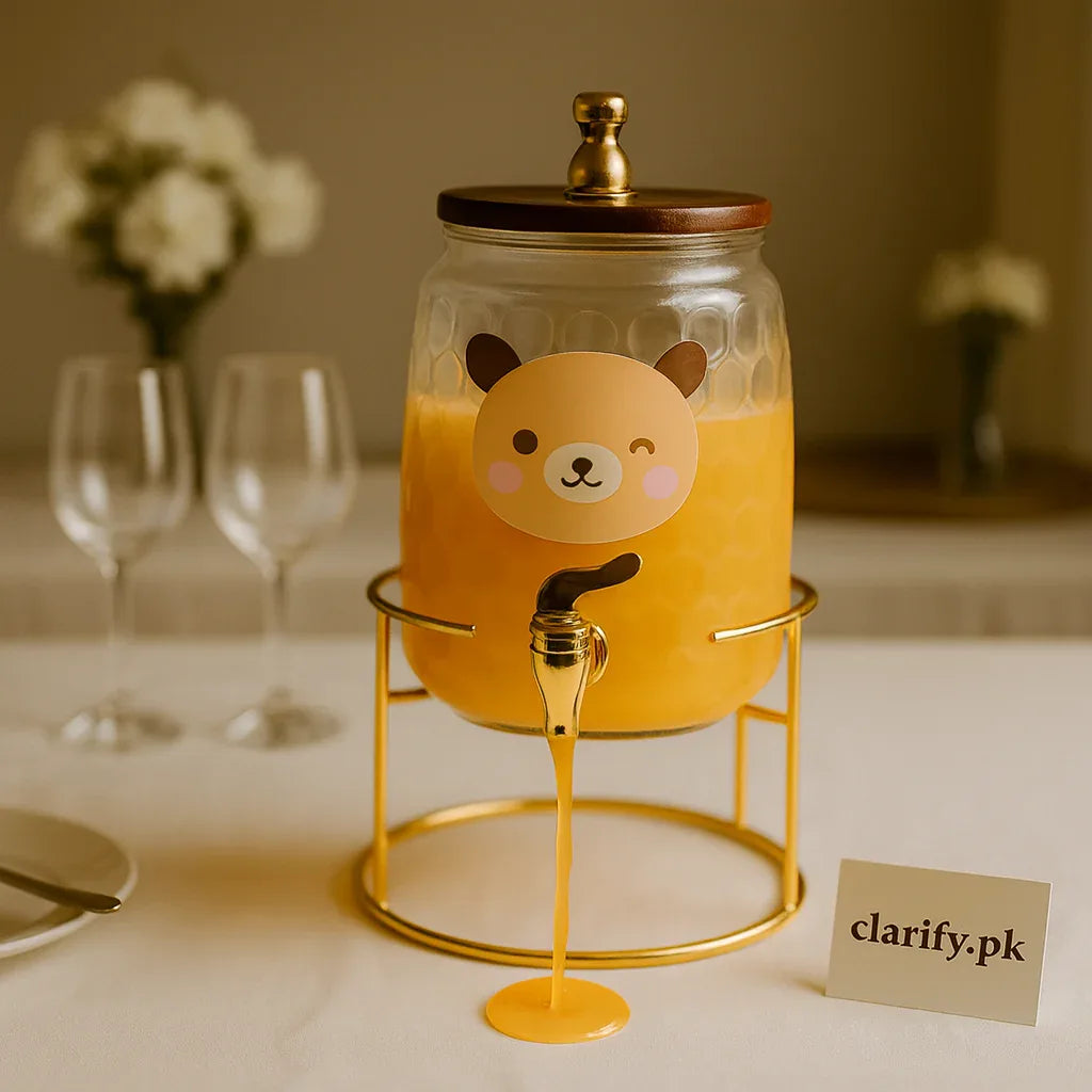 3.2L Bear-Shaped Glass Drink Dispenser with Golden Stand - Clarify.pk