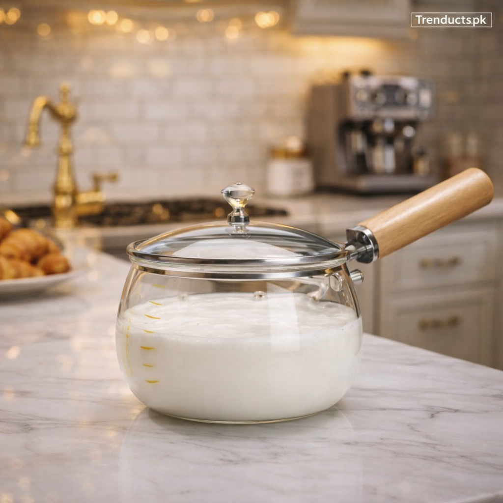 Luxury 800ML Glass Milk Pan with Wooden Handle HAT