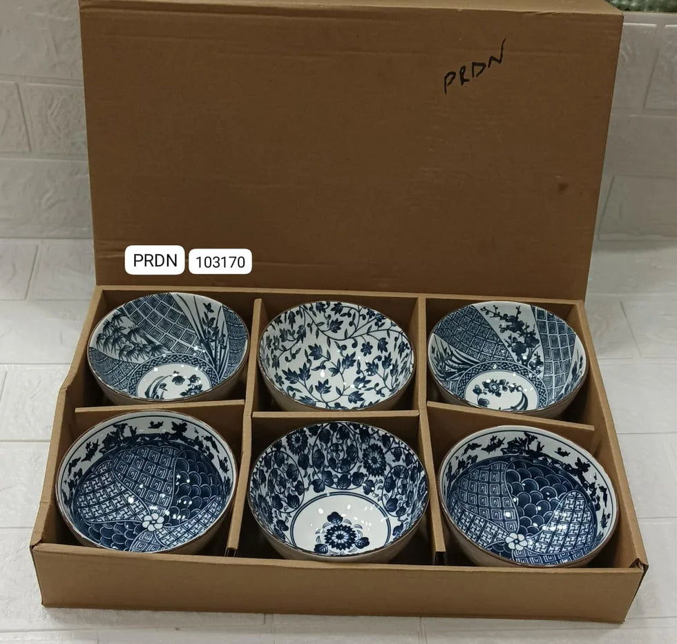 6-Piece Ceramic Bowl Set – Royal Blue Vintage Pattern Collection