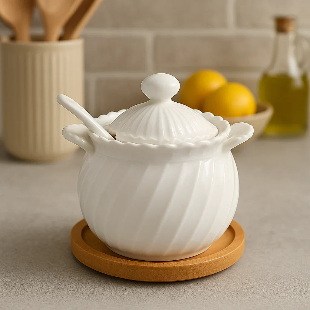 Ceramic Sugar Pot with Spoon & Wooden Base – Spice Jar - Clarify.pk