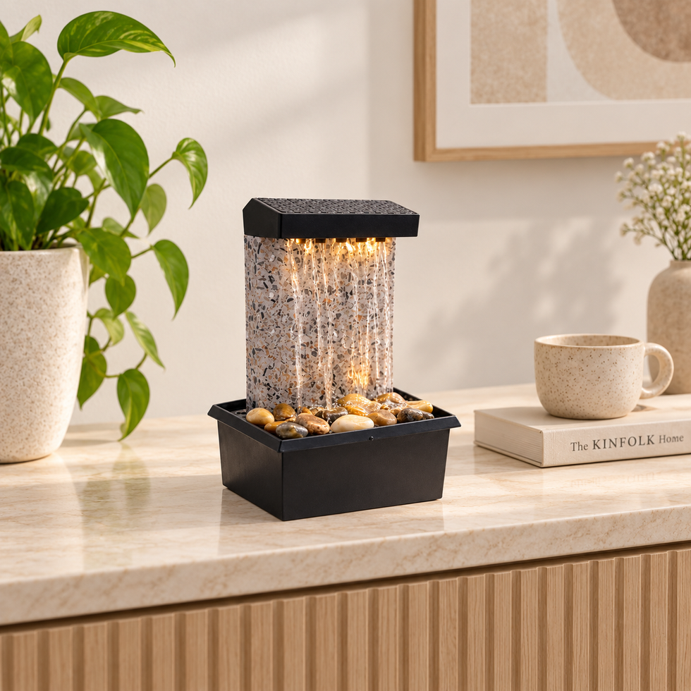 Indoor Rain Curtain Tabletop Fountain with LED Light & Pebbles – Mini Water Feature