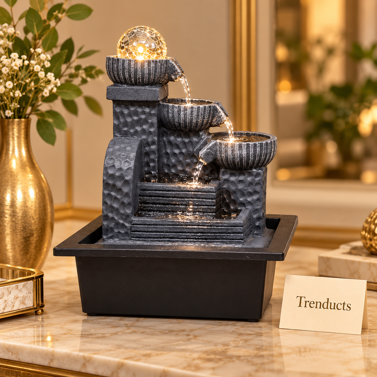 Stepped Column Tabletop Fountain with LED Crystal Ball & 3-Tier Cascade – Indoor Water Feature