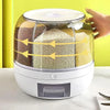 360° rotating 6-grid grain dispenser, one-touch output storage container for rice grain sealing and moisture-proof organizer
