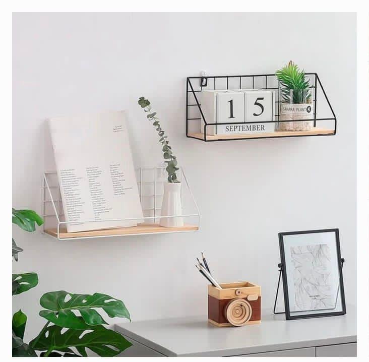 Metal Grid Wall Shelf with Wooden Base for Stylish Home Storage - Clarify.pk
