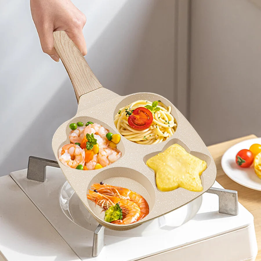 1PC Home Creative Porous Frying Pan Medical Stone Non-Stick Wood Grain Handle Breakfast Mini Egg Dumpling Pan
