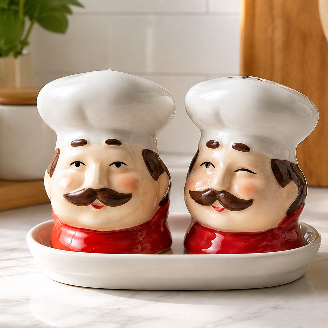 Ceramic Chef Salt & Pepper Shaker Set with Tray