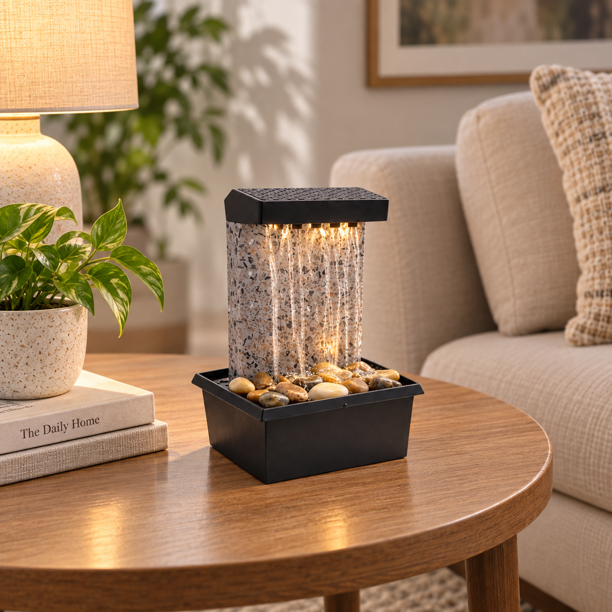 Indoor Rain Curtain Tabletop Fountain with LED Light & Pebbles – Mini Water Feature