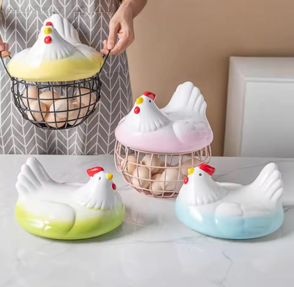 Hen Shaped Egg Basket with Lid - Large Capacity Chicken Egg Holder & Kitchen Storage