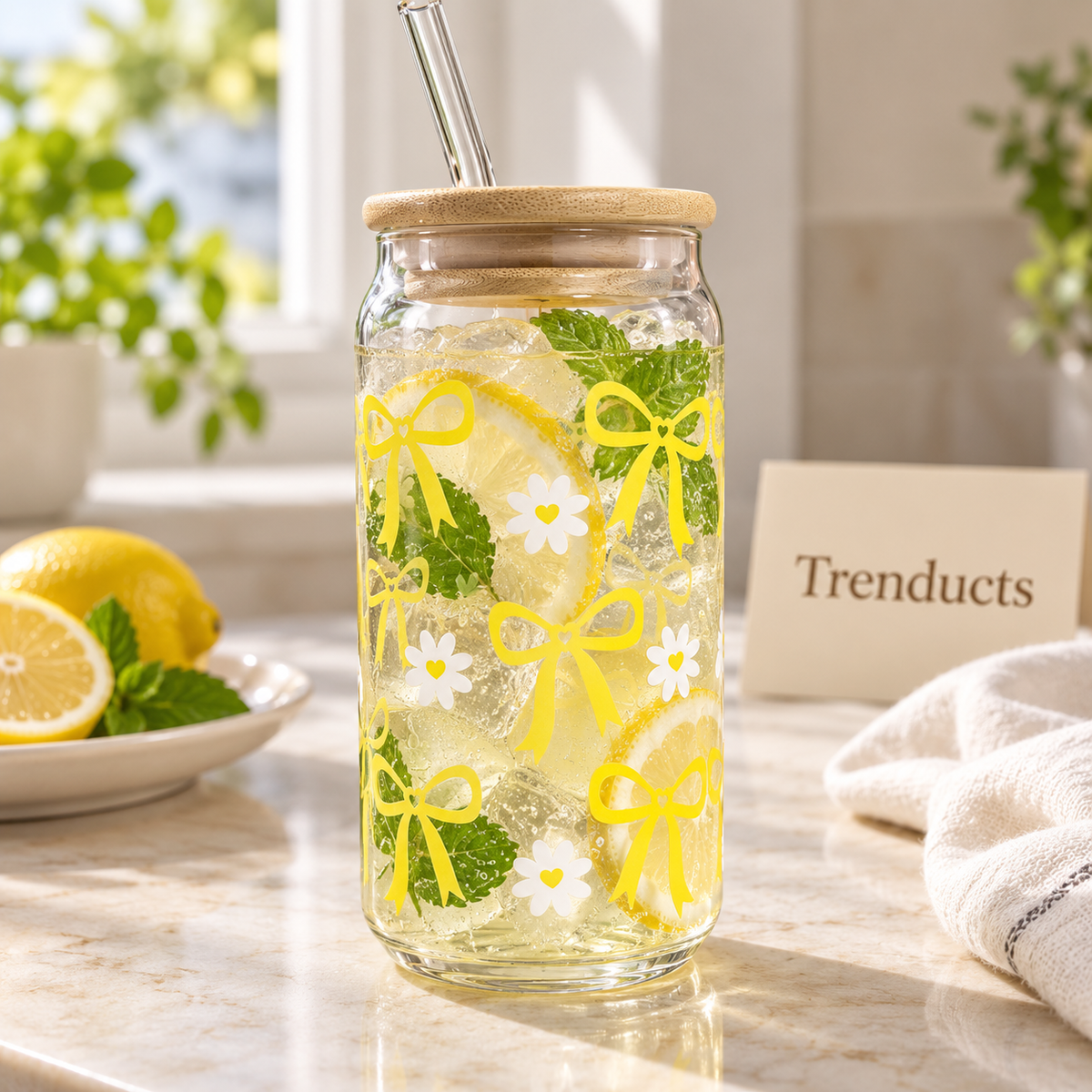 Cute Bow & Daisy Glass Sipper with Bamboo Lid