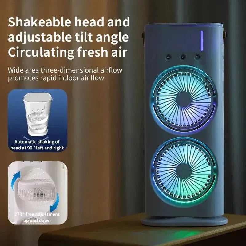 Rechargeable Mist Fan - Dual Spray with Automatic Rotation and Lighting Effects - Clarify.pk