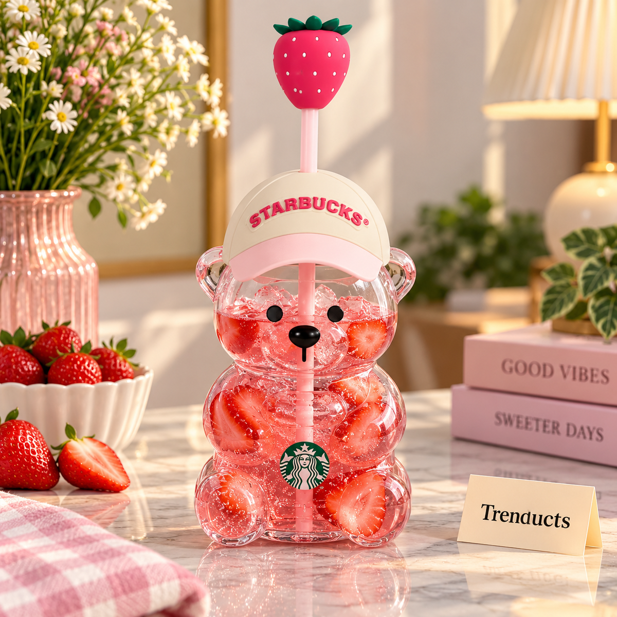 Cute Bearista Sipper with Straw & Strawberry Topper