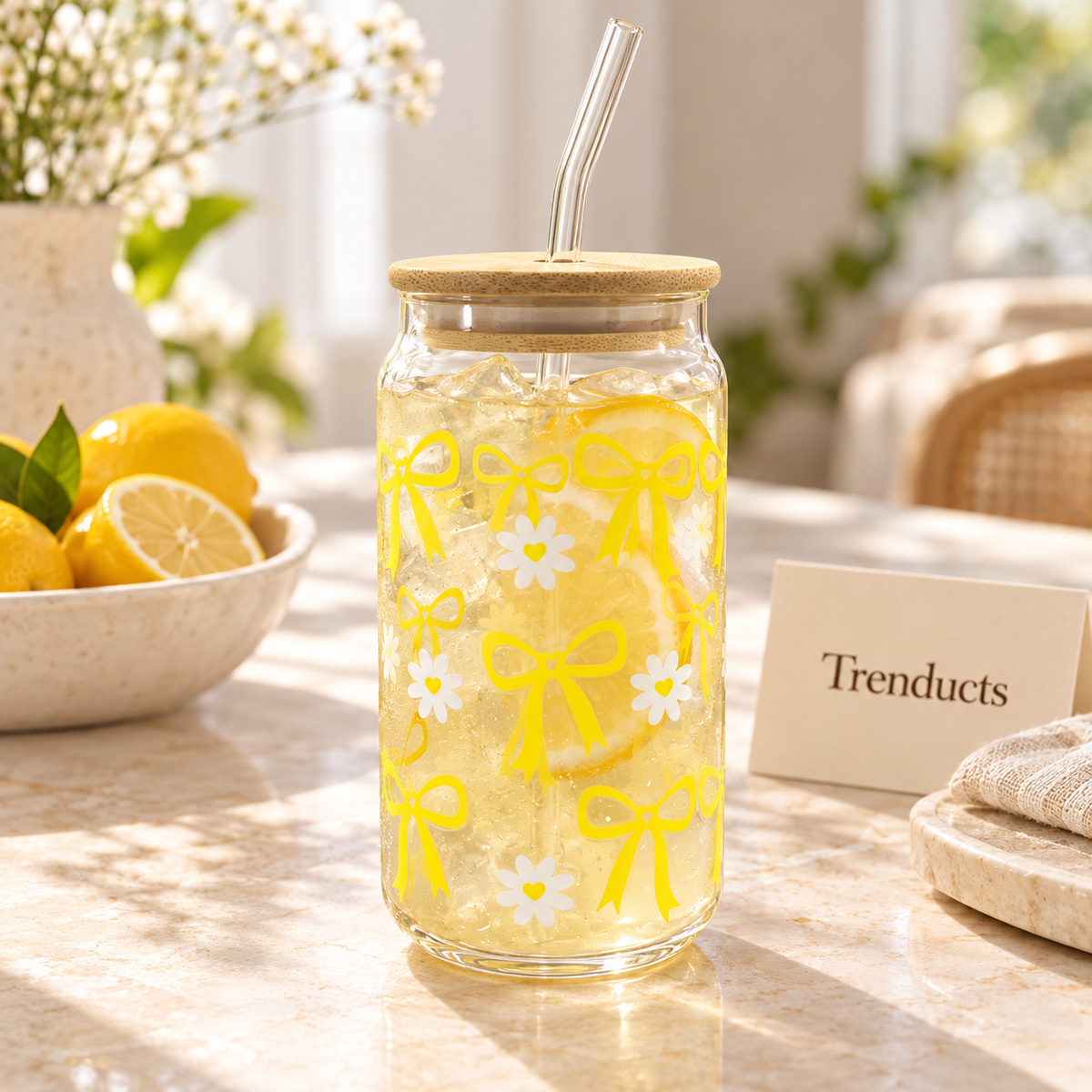 Cute Bow & Daisy Glass Sipper with Bamboo Lid