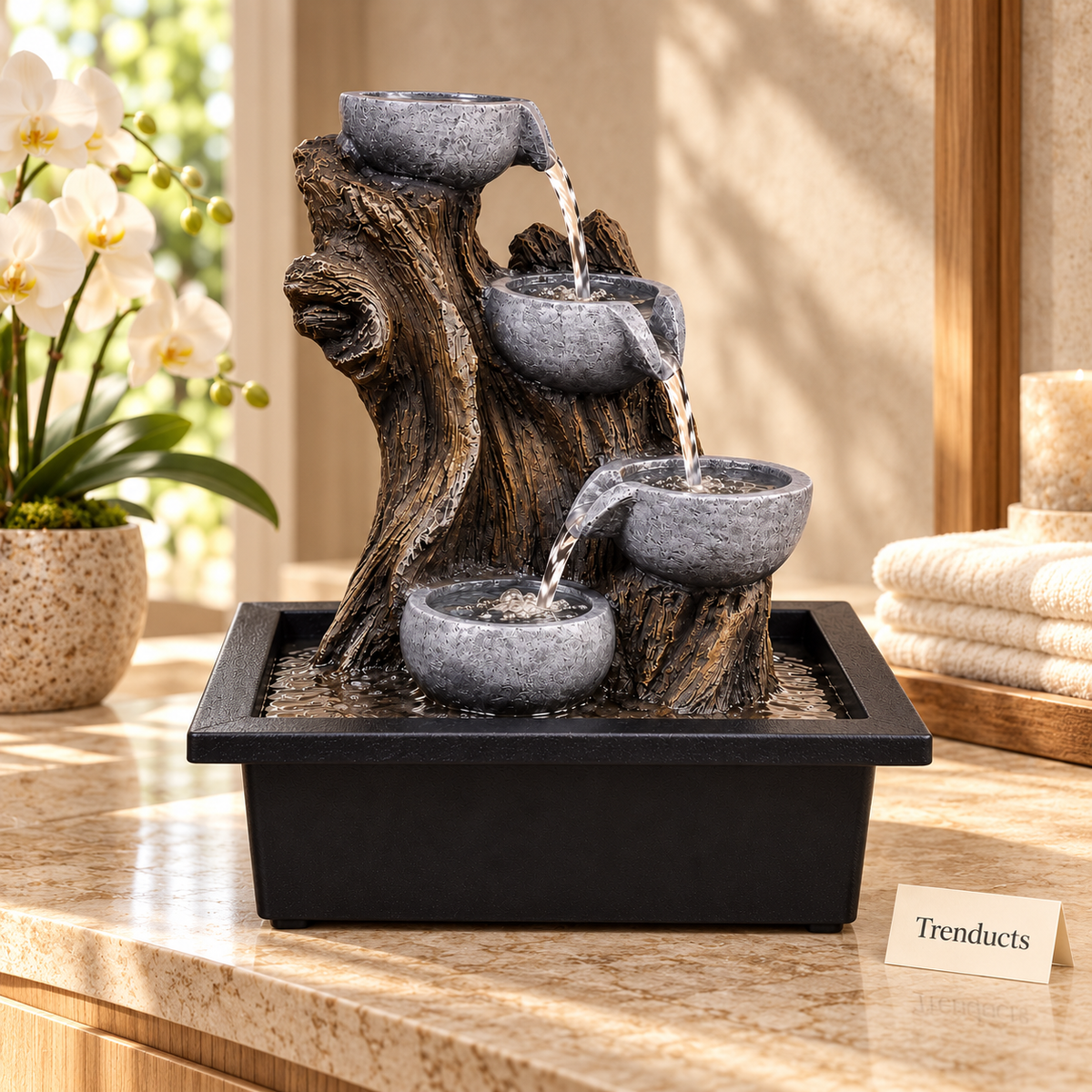 4-Tier Tree Trunk Tabletop Fountain with Stone Bowls – Driftwood Indoor Water Feature