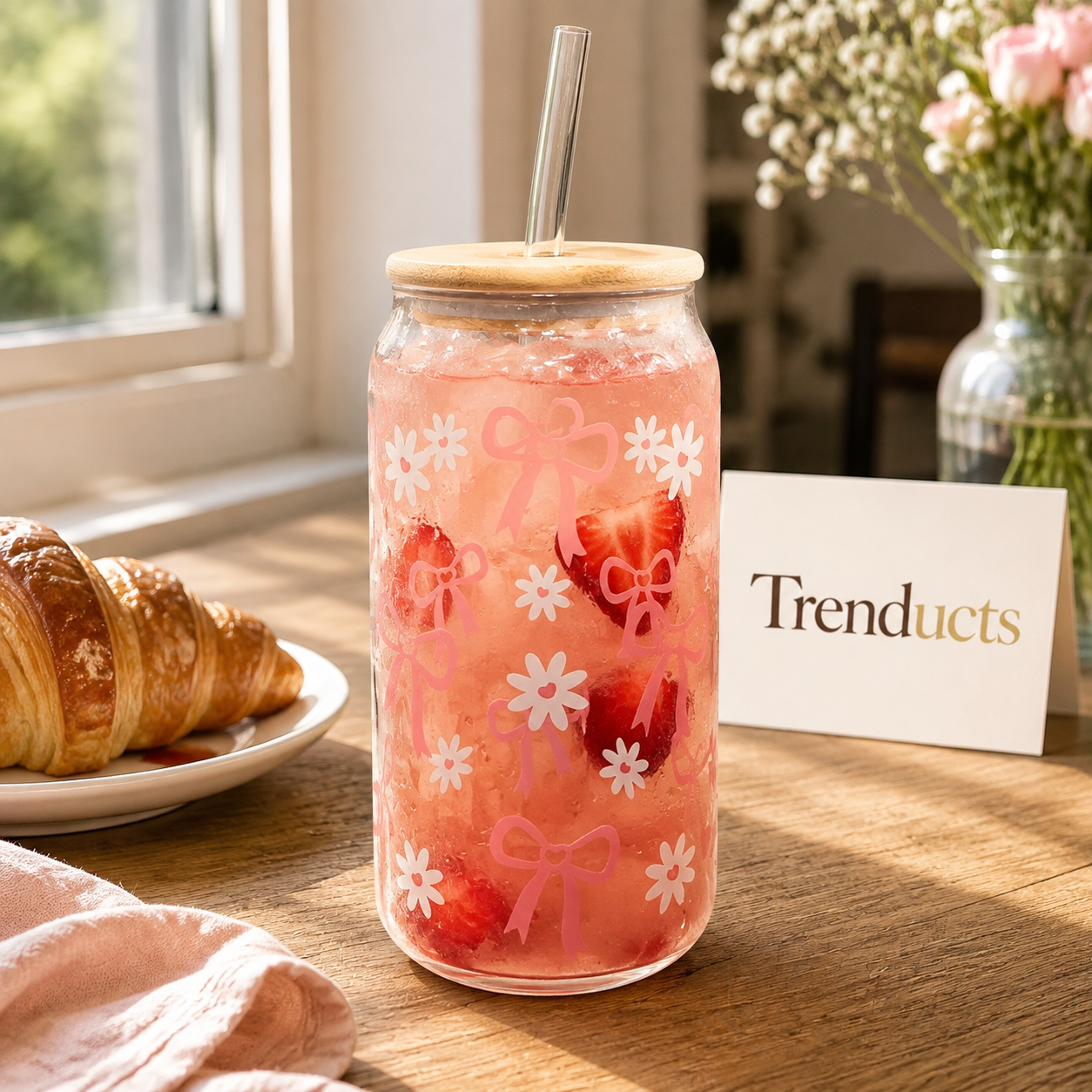 Cute Bow & Daisy Glass Sipper with Bamboo Lid