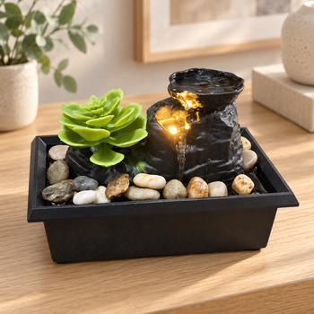 Zen Rock Garden Tabletop Fountain with Succulent, LED Light & River Pebbles – Indoor Water Feature (small)