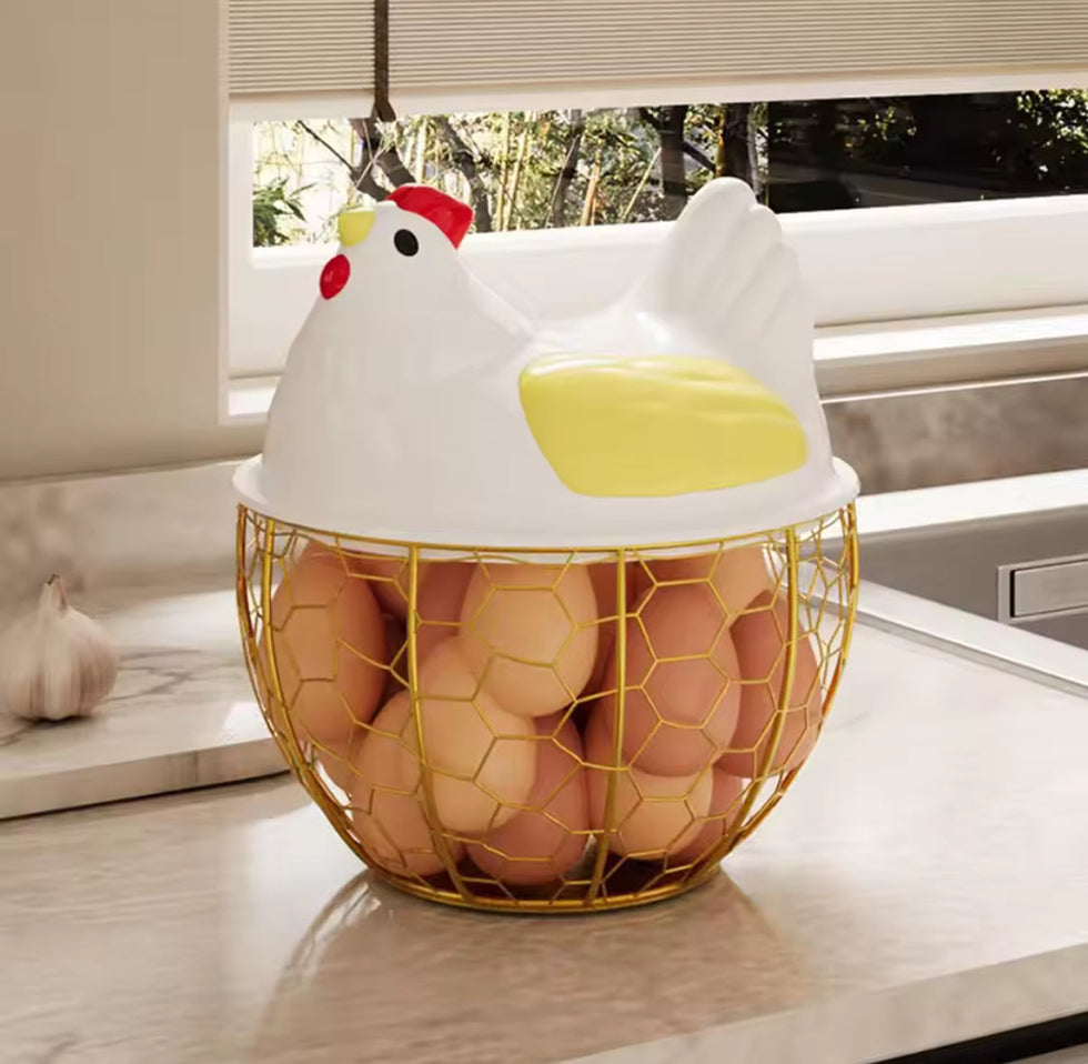Hen Shaped Egg Basket with Lid - Large Capacity Chicken Egg Holder & Kitchen Storage