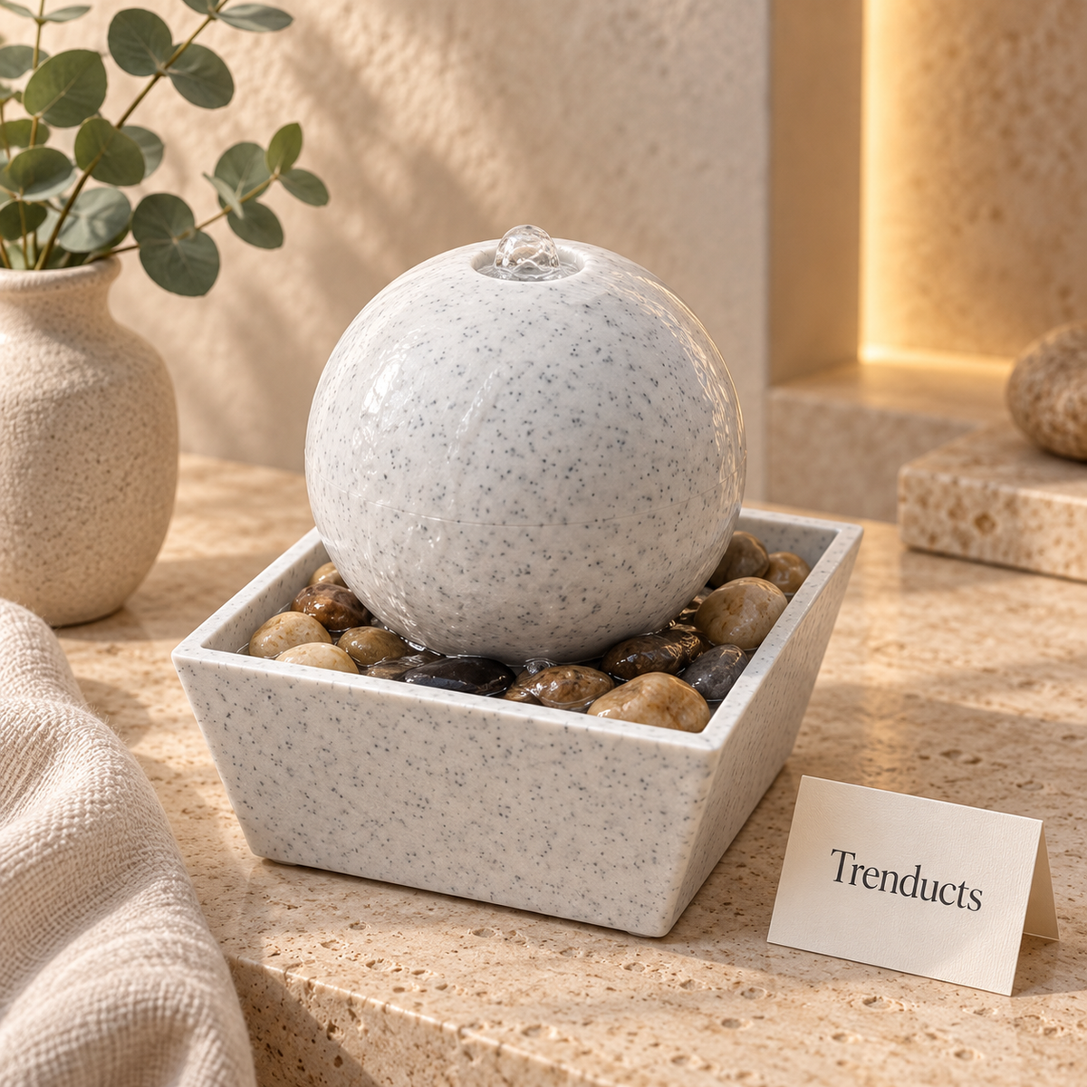 White Granite Sphere Orb Tabletop Fountain with River Pebbles – Indoor Water Feature