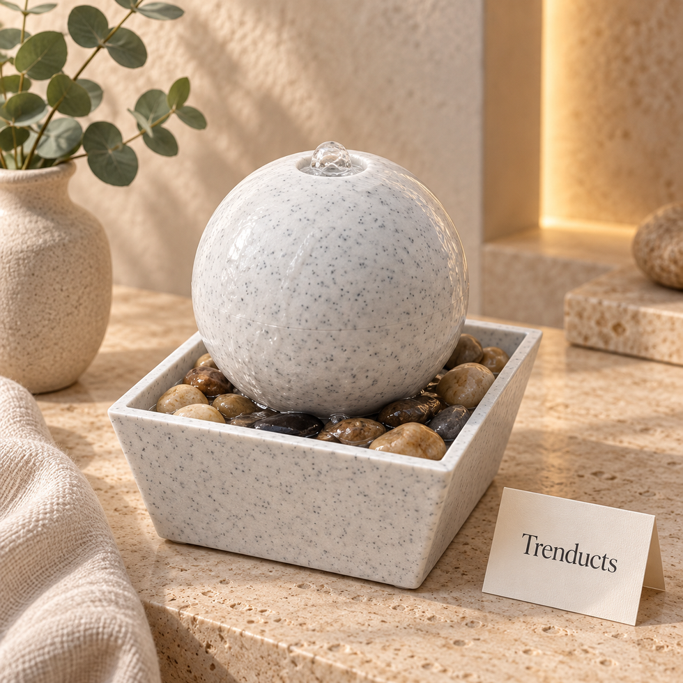 White Granite Sphere Orb Tabletop Fountain with River Pebbles – Indoor Water Feature