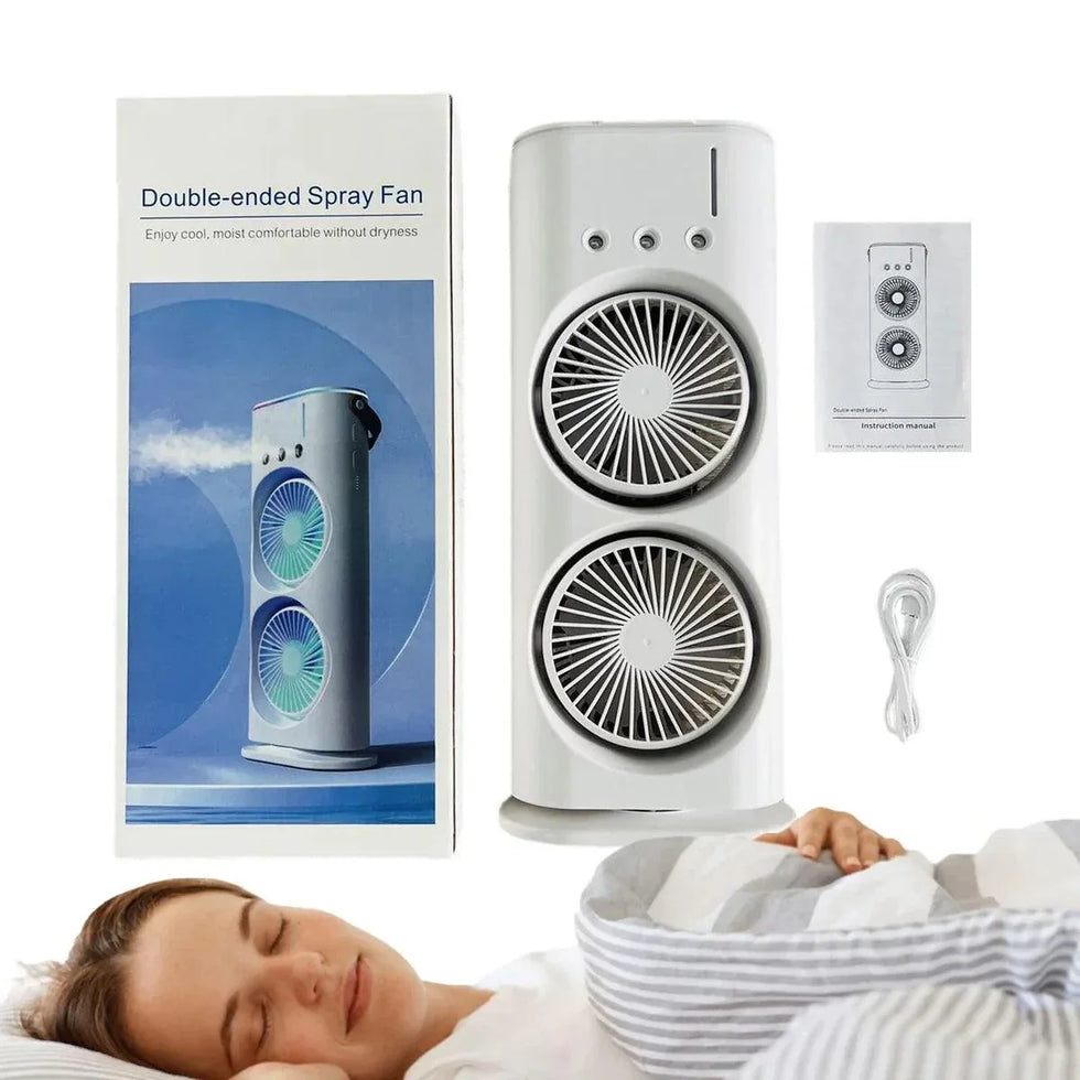 Rechargeable Mist Fan - Dual Spray with Automatic Rotation and Lighting Effects - Clarify.pk