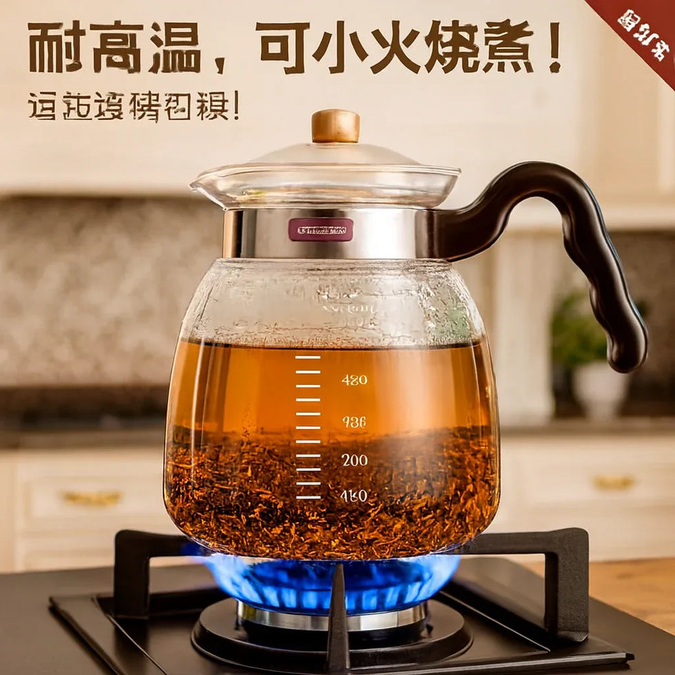 1000ml Heat-Resistant Glass Kettle with Wooden Handle - Clarify.pk