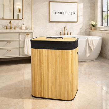 Natural bamboo laundry basket with a white fabric liner and lid - Trenducts Pakistan