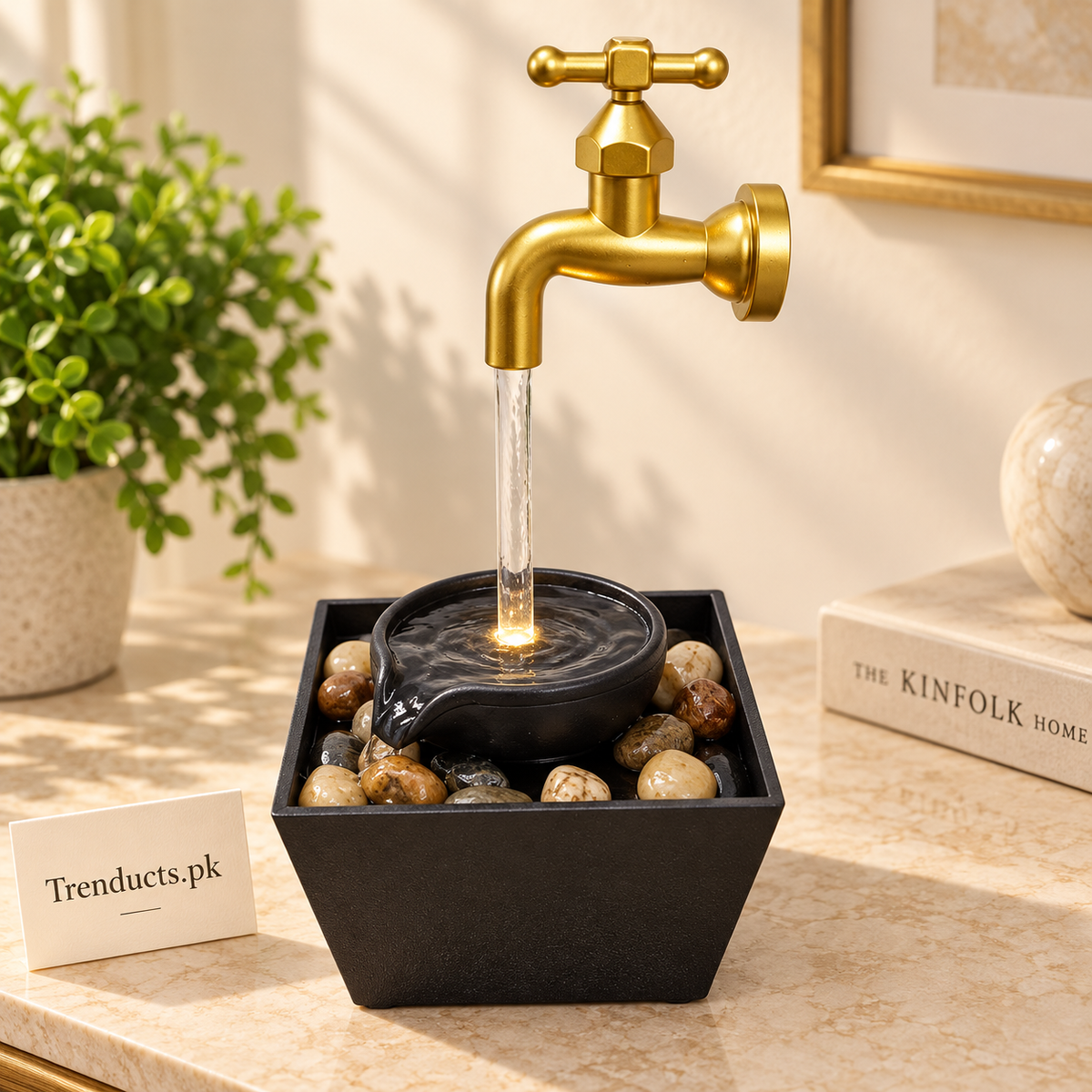 Tap Design Tabletop Water Fountain with Pebbles – Indoor Electric Faucet Decor