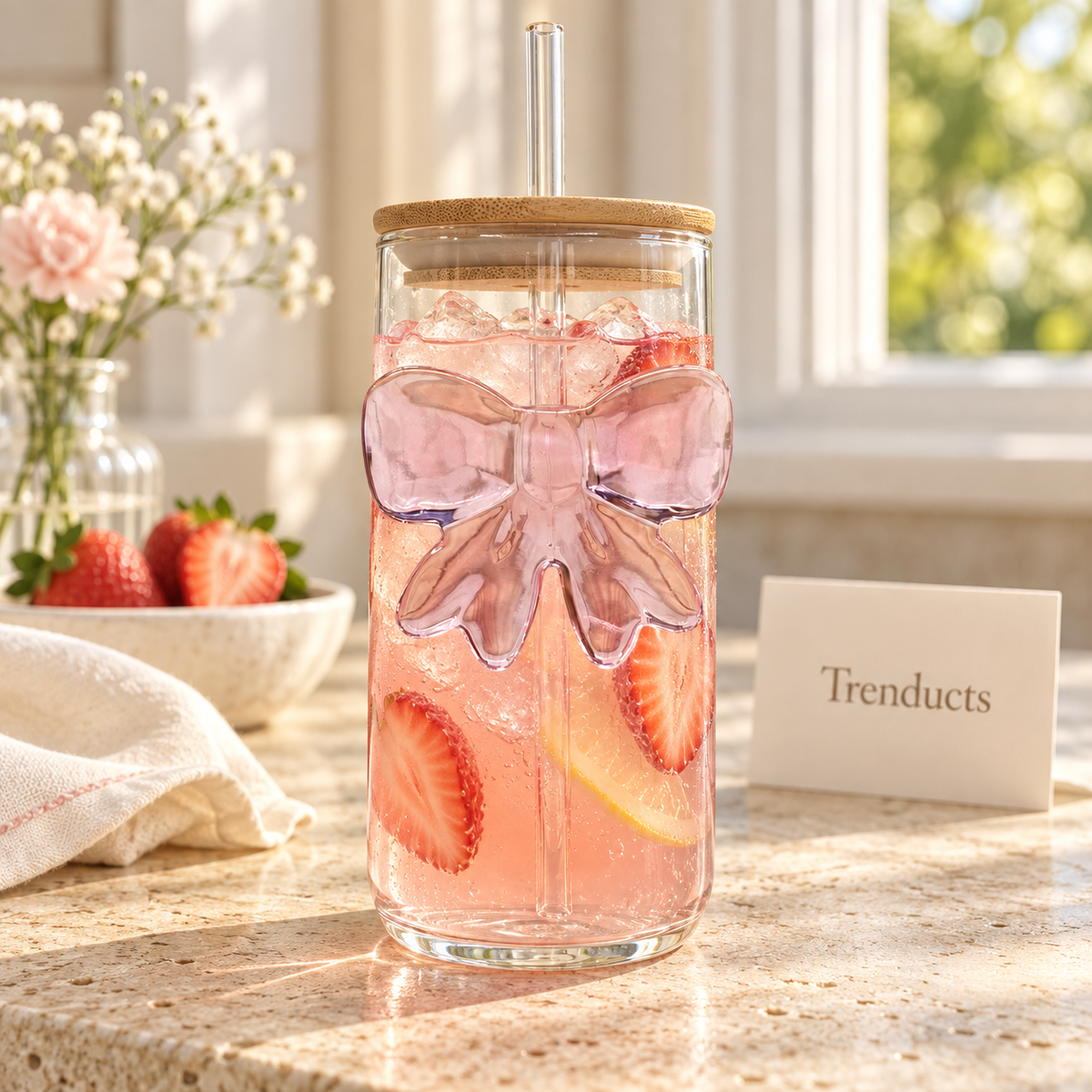 Bow Glass Sipper with Bamboo Lid & Glass Straw – Aesthetic Coquette Drinkware