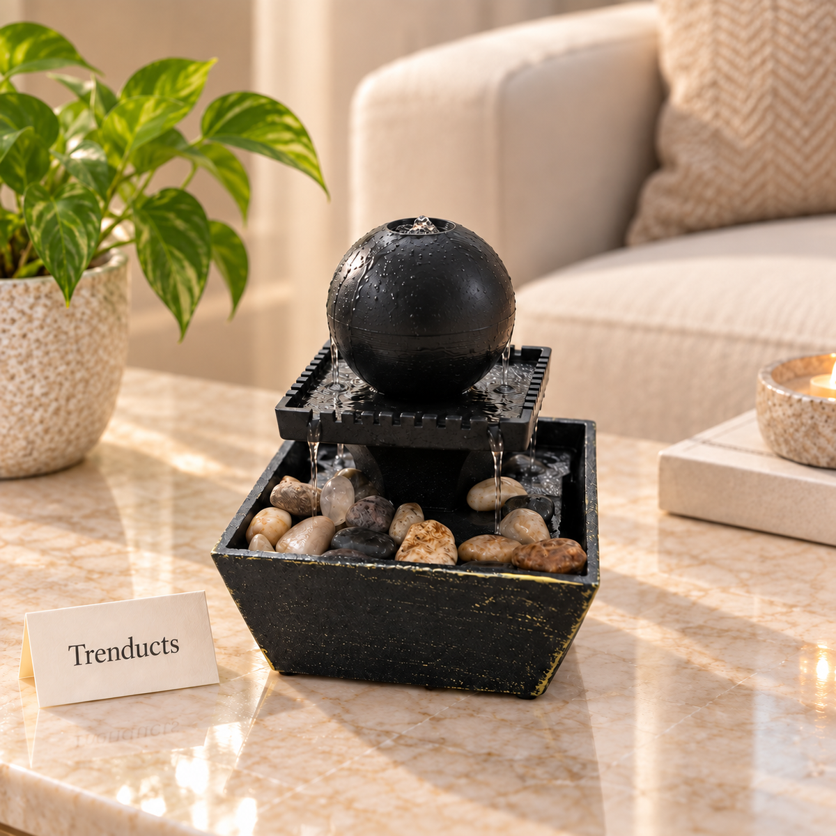 Sphere Orb Tabletop Fountain with River Pebbles & Cascading Water – Indoor Water Feature